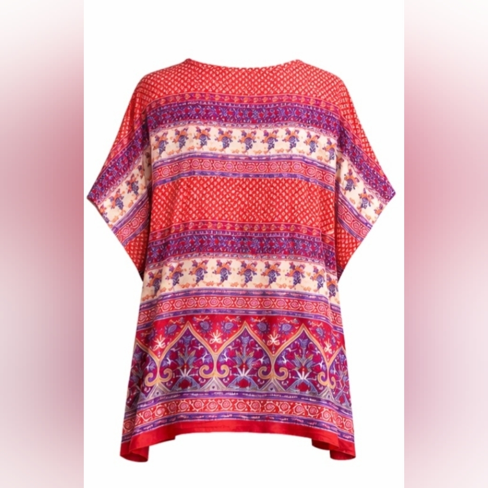 World Market Boho Rayon Kaftan Blouse L/XL Red Purple Geometric Floral Festival - Picture 3 of 4